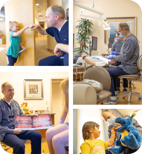 Collage of images of Doctor Benzley treating dental patients
