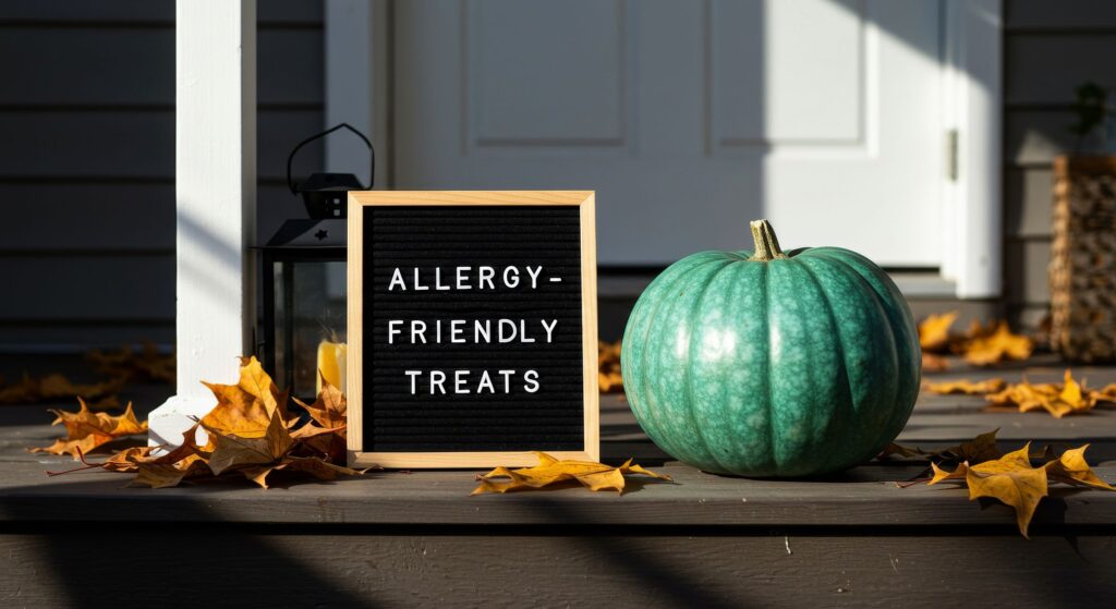 Teal pumpkin next to "Allergy Friendly Treats" sign
